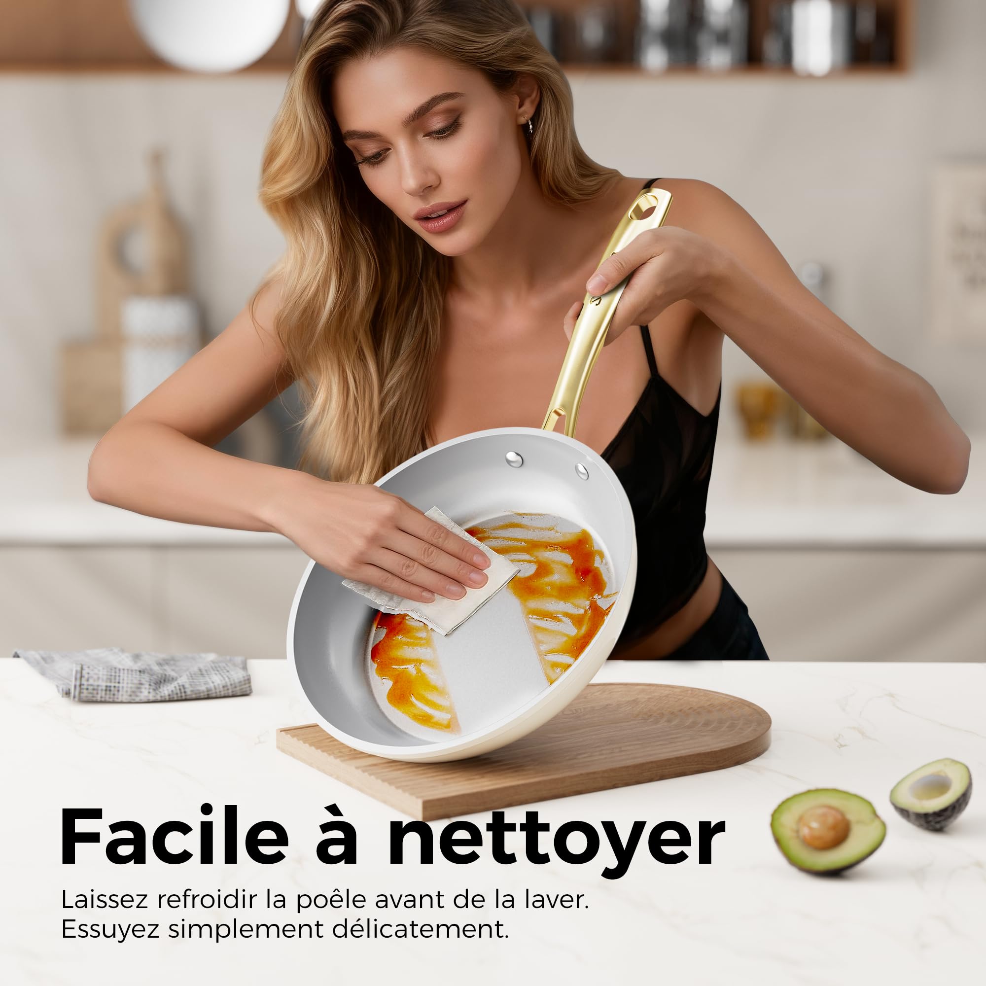 Sanho Set de 3 poêles céramique (20/26/30cm) | Antiadhésif Diamant-Titanium pour induction | Sans PFAS, PFOA, PTFE | Pour toutes cuisinières | Résiste au four jusqu’à 260°C & Lave-vaisselle | Beige