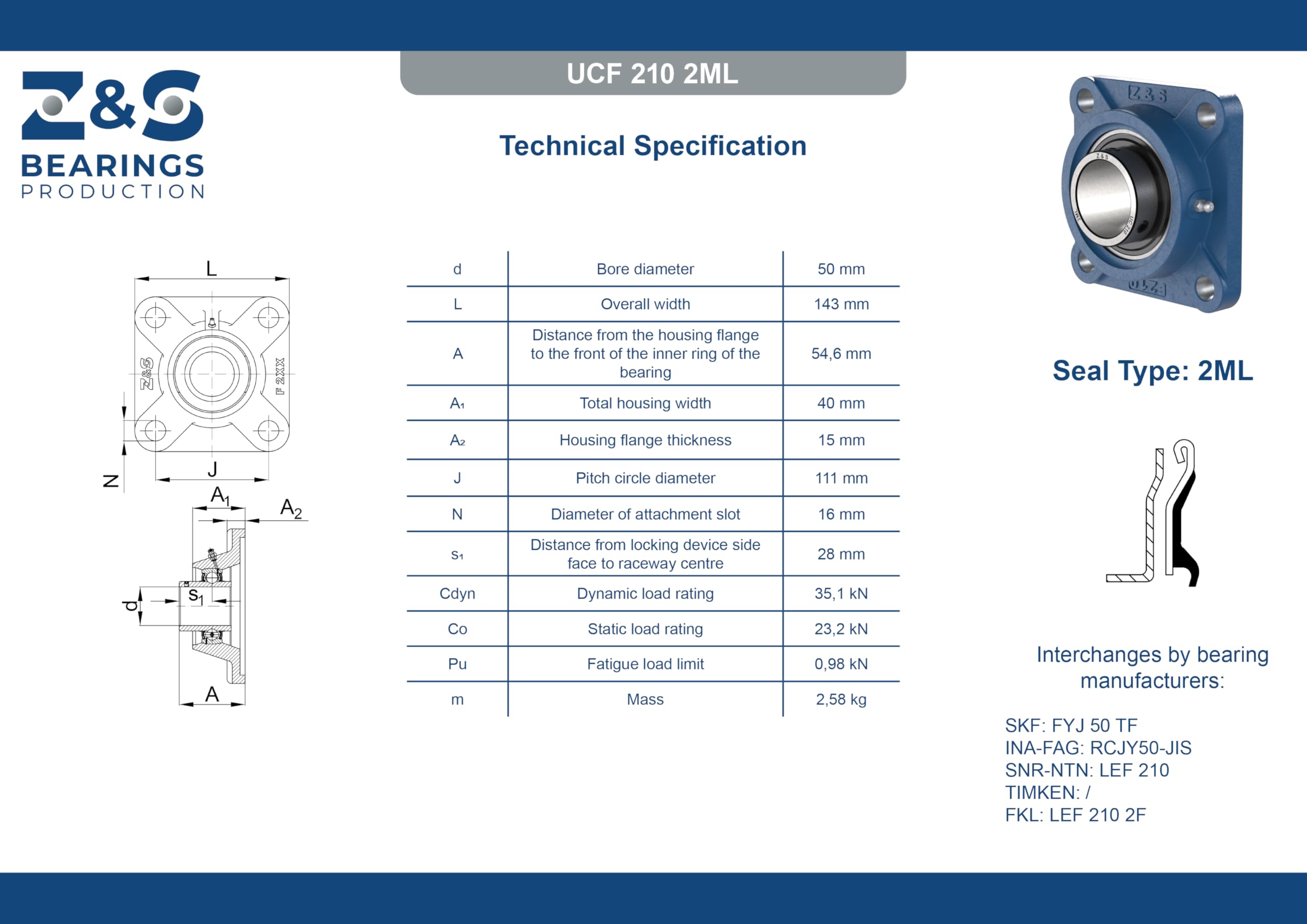 4 cuscinetti UCF 210 foro 50 mm 4 fori flangia Y unità di cuscinetti UCF210 [Z&S]