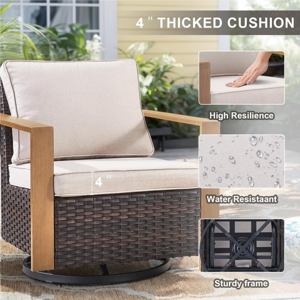 6 Piece Outdoor Patio Furniture Set with Propane Fire Pit Table Wicker Patio Conversation Sets with 2 Swivel Rocker Chairs Rattan Sofa and Removable for Deck Backyard(Blue)