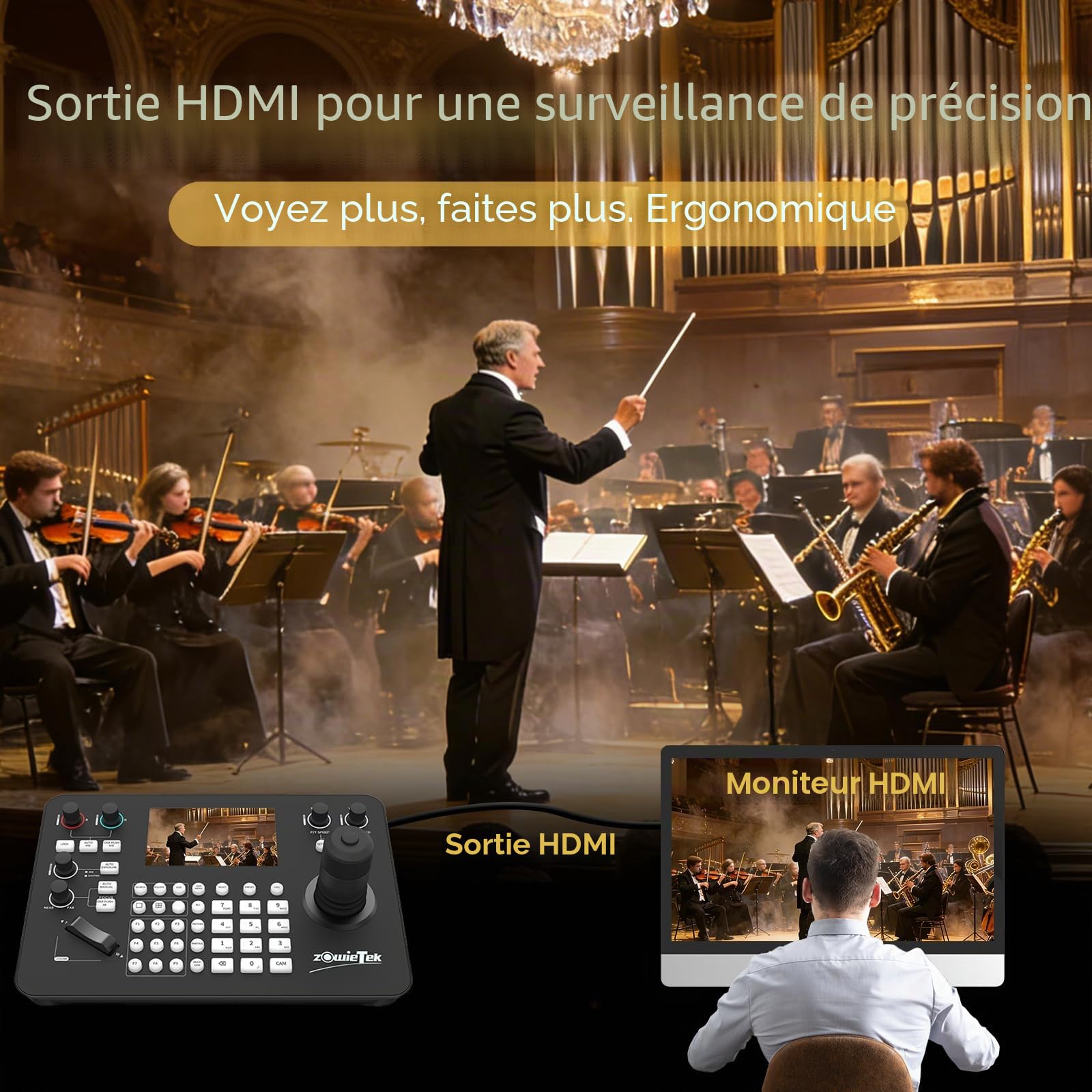 Zowietek Contrôleur PTZ NDI|HX3 avec joystick 7D, sortie HDMI, écran LCD 5" Quad-View, détection automatique des caméras
