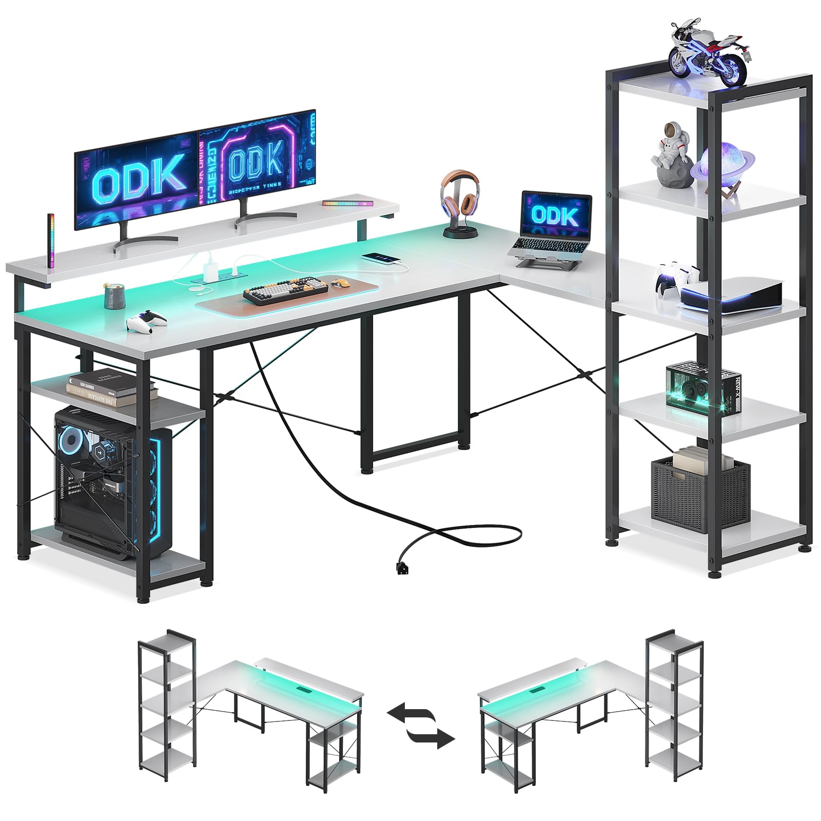 ODK L Shaped Desk with LED Lights & Power Outlets, Reversible Computer Desk with Shelves, Reversible Home Office Desk, White, 155 × 140 cm