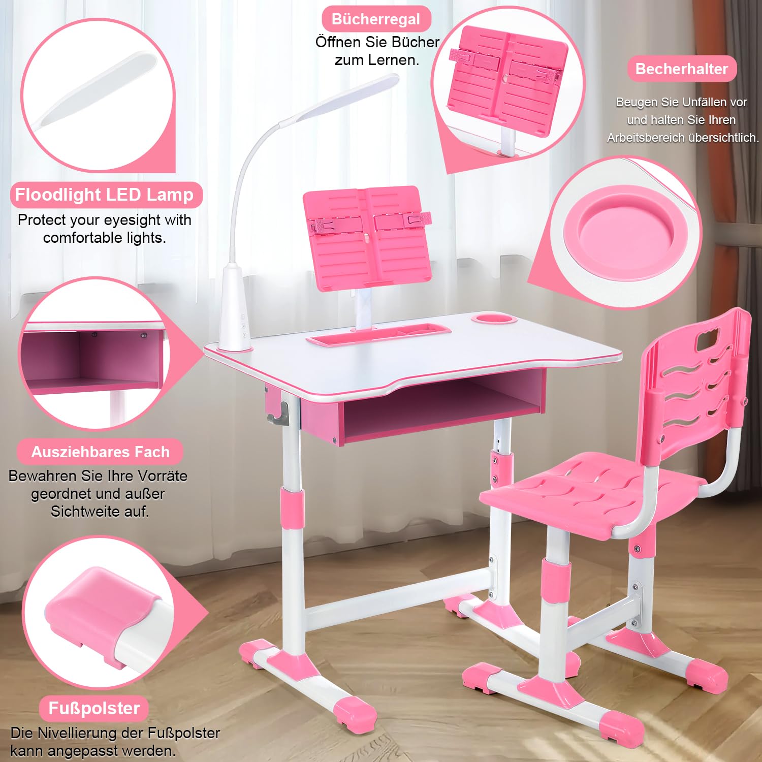 Escritorio para niños, altura regulable, escritorio juvenil, escritorio para estudiantes, mesa de estudiante, soporte para libros, cajón y silla ergonómica de escritorio (rosa)