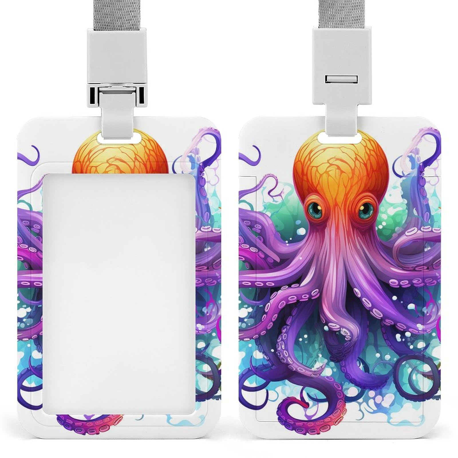 ID Card Holders for Lanyard,Colorful Octopus Printed Badge Holder with Clear Window,Plastic Vertical Bus Pass Holders for Work Teacher Nurse Employees Proximity Key Cards Women Men