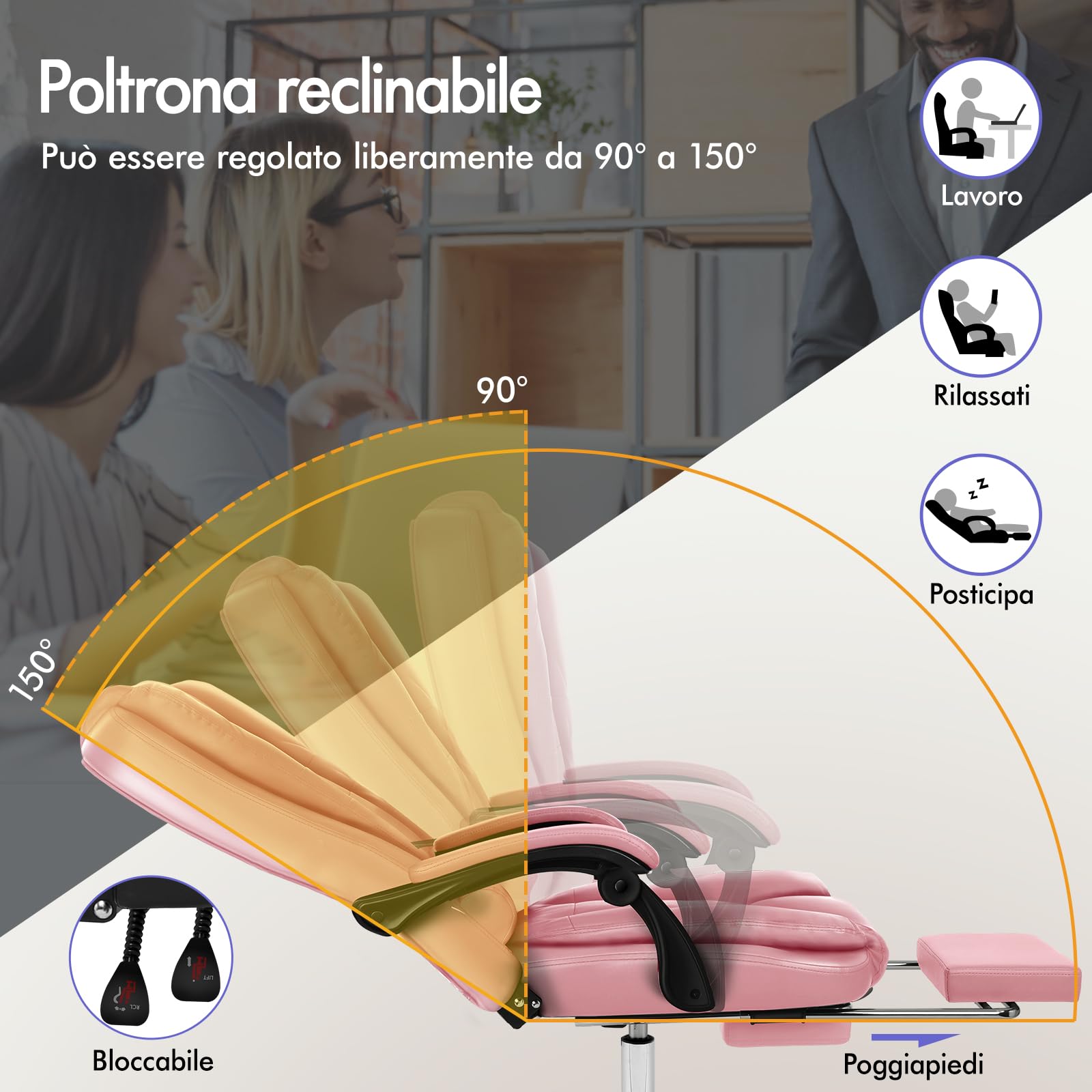 ALFORDSON Sedia Ufficio Ergonomica con Massaggio, Sedia Scrivania con Poggiapiedi e Supporto Lombare, Poltrona Girevole con Rotelle per Studio e Sala Riunioni, Similpelle(Rosa)