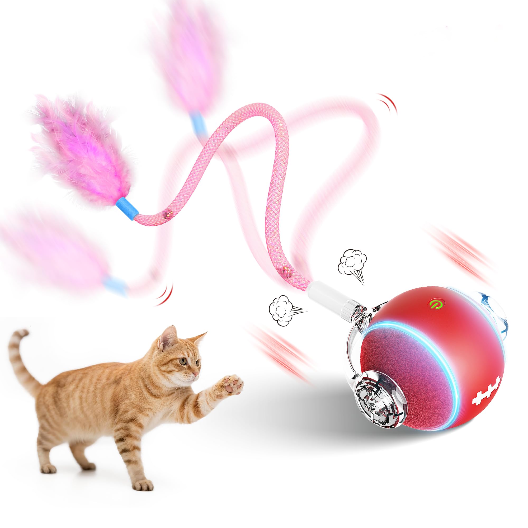 Interaktives bewegliches Katzenspielzeug mit Federn, roter Ball mit Netzstab, Katzenspielzeug für Indoor-Katzen