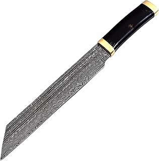 PAL 2000 KNIVES KNI-9449 Custom Handmade Damascus Steel Hunting Tanto Knife 15 Inches Buffalo Horn Handle Raindrop pattern Blade with Leather sheath - PAL 2000 KNIVES