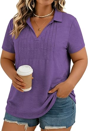 DOLNINE Womens-Plus-Size-Tops Summer V Neck Polo Shirts Casual Collared Tees Trendy Pleated Blouses Basic Short Sleeve Tunics