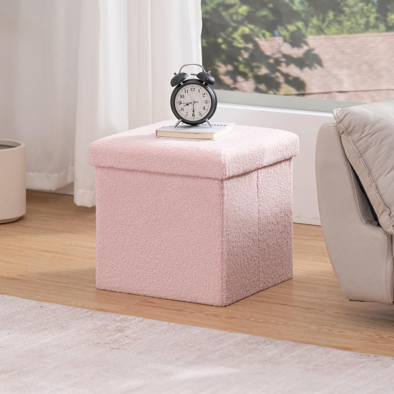 Banco otomano plegable de almacenamiento rosa de 15 pulgadas, reposapiés pequeño, capacidad de 400 libras, baúl de almacenamiento para sala de estar, dormitorio, entrada, solución de asiento elegante