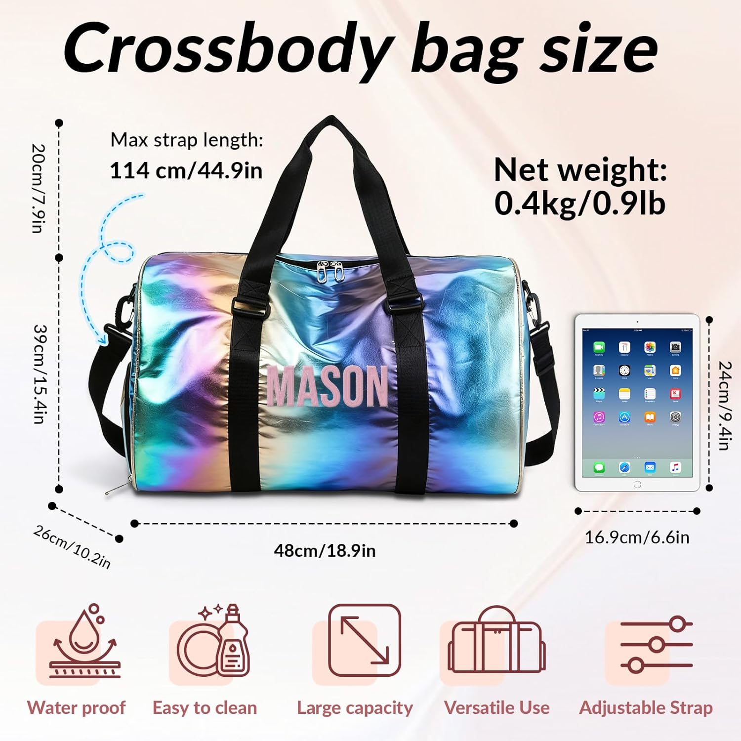 Personalized Sports Duffel Bag, Custom Embroidered Gym Bag with Name or Logo, Large Travel Weekender Overnight Bag for Women and Girls, Dance Fitness Tote for Sports or Travel (Black)