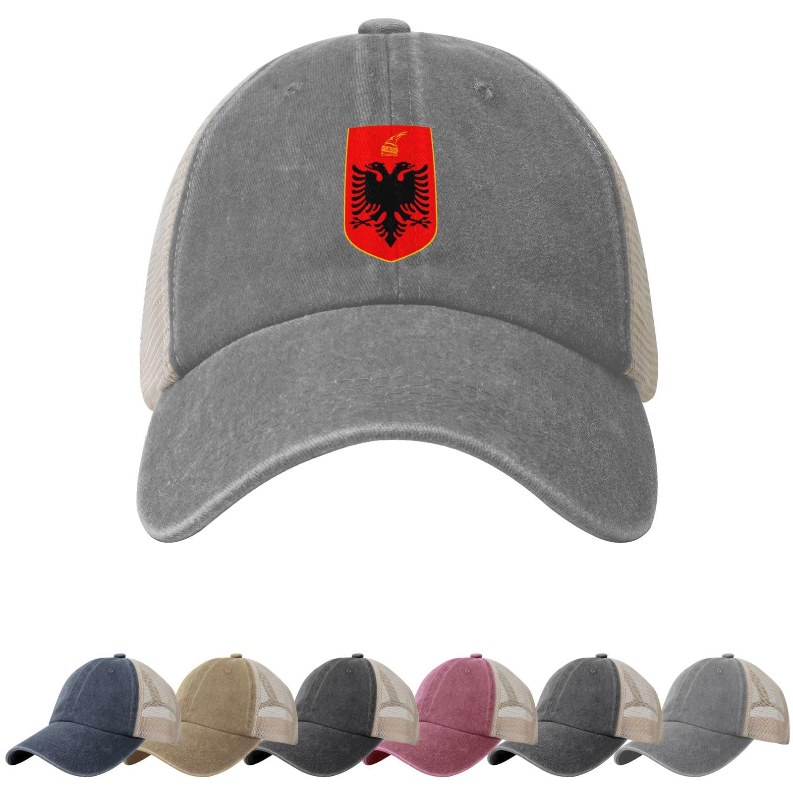 Coat of Arms of Albania Sun Hats for Men Women Albania Emblem Cowboy Mesh Baseball Cap Albanian Trucker Hat Gray