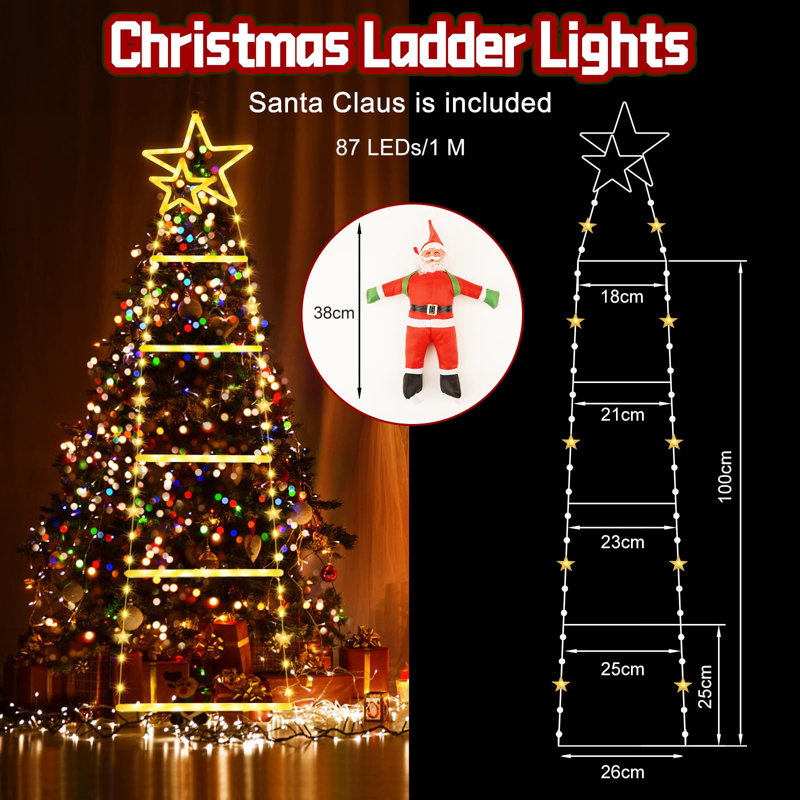 Possily 1.0M Luci per Scale Decorative Natalizie a LED, Luci Decorative Natalizie con Babbo Natale, 8 Modalità e Funzioni Timer, Adatte per Interni, Finestre, Alberi di Natale, Giardini, Bianco Caldo
