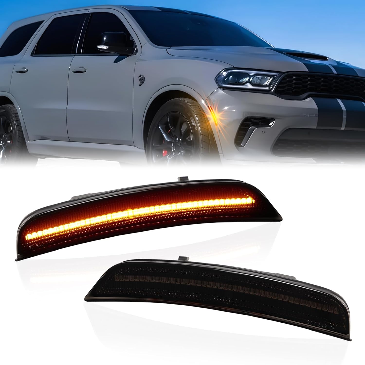 LED Side Marker Lights for 2021 2022 2023 2024 2025 Dodge Durango Front Bumper Marker Lamp Reflectors 2PCS, Smoked Len (Amber)