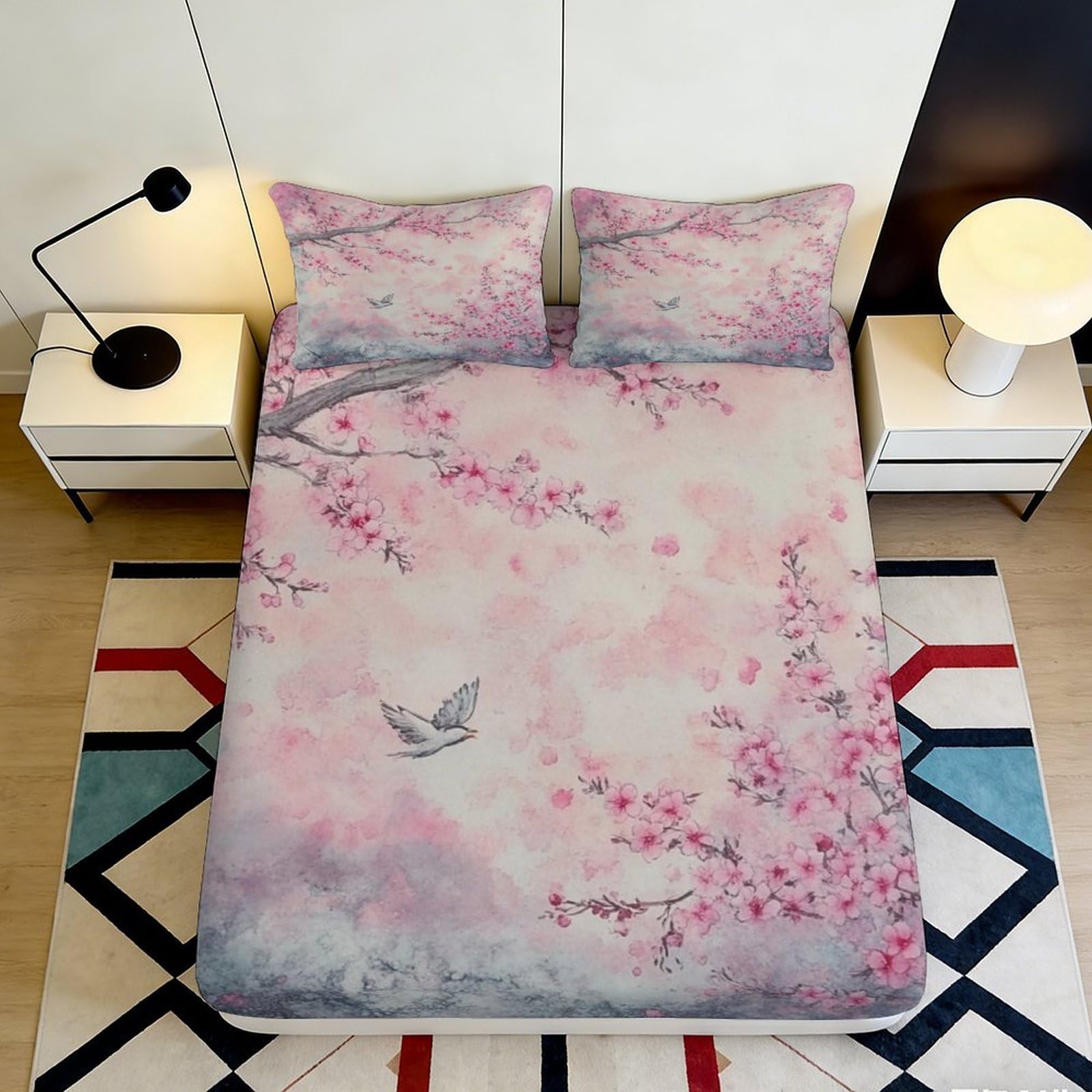 3D Printed Sakura Blossom Fitted Sheet Microfiber Soft Breathable Bird Pattern Mattress Cover for Bedroom Decor 90x200x25cm