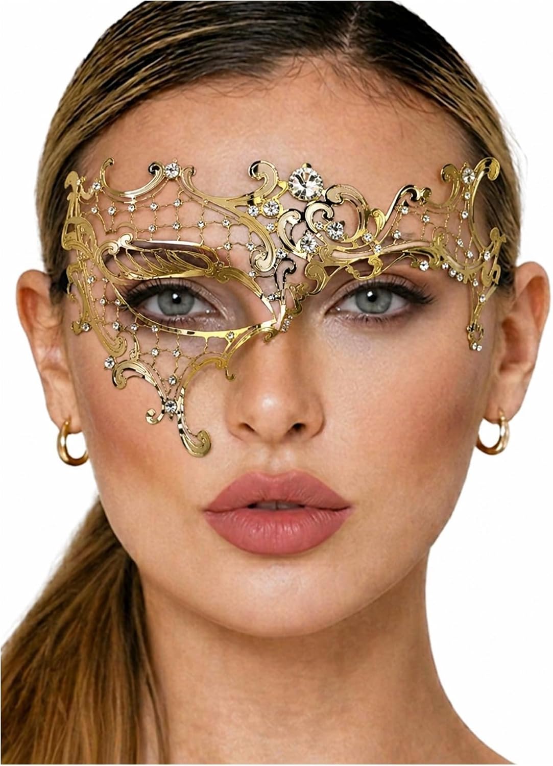 Metal Masquerade Mask for Women with Rhinestones - Half Face Womens Phantom of The Opera Mask for Mardi Gras, Prom & Venetian