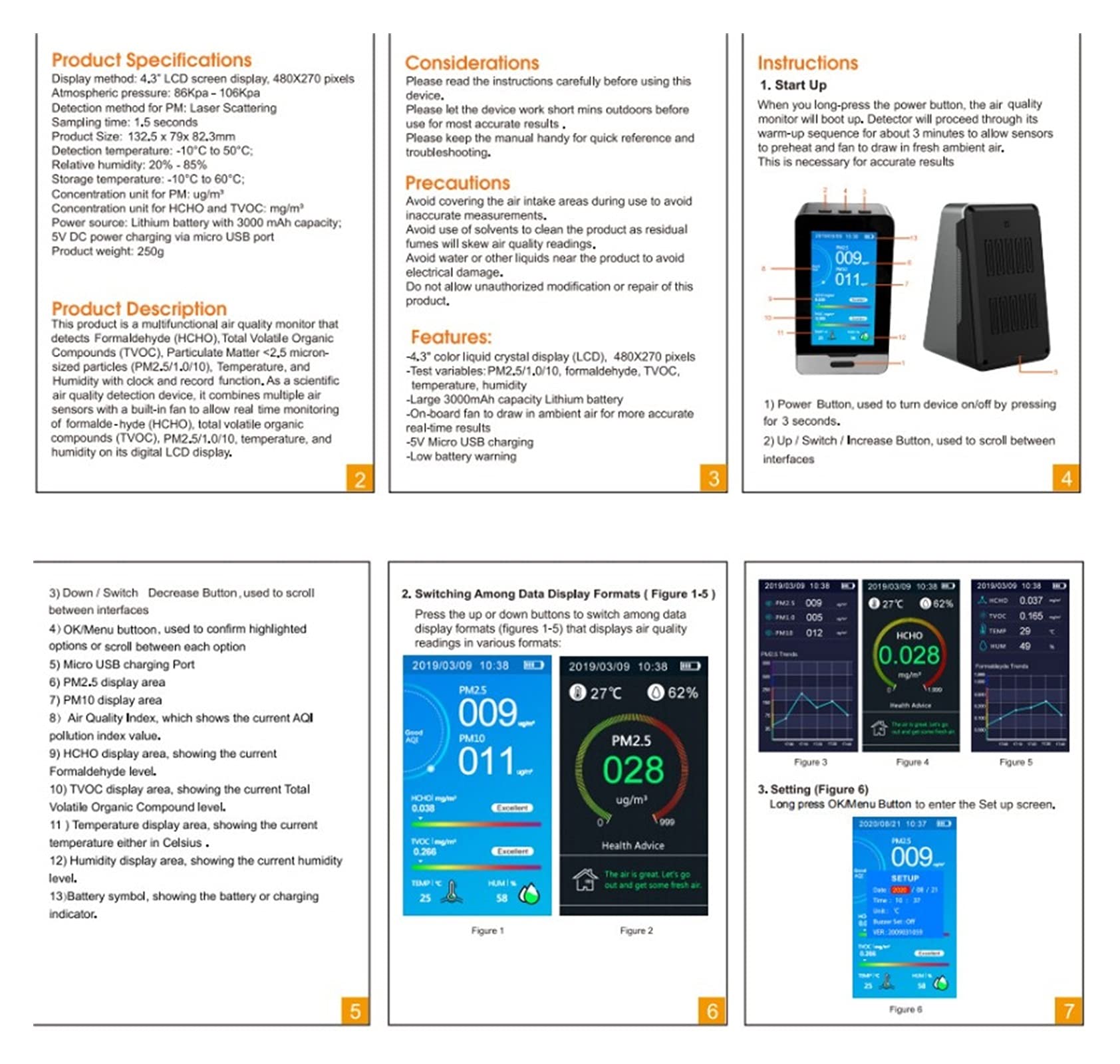 Monitoraggio della qualità dell'aria Rilevatore di qualità d-ell'aria multifunzione PM2.5. Temperatura della polvere e umidità HCHO TVOC. Versione inglese.