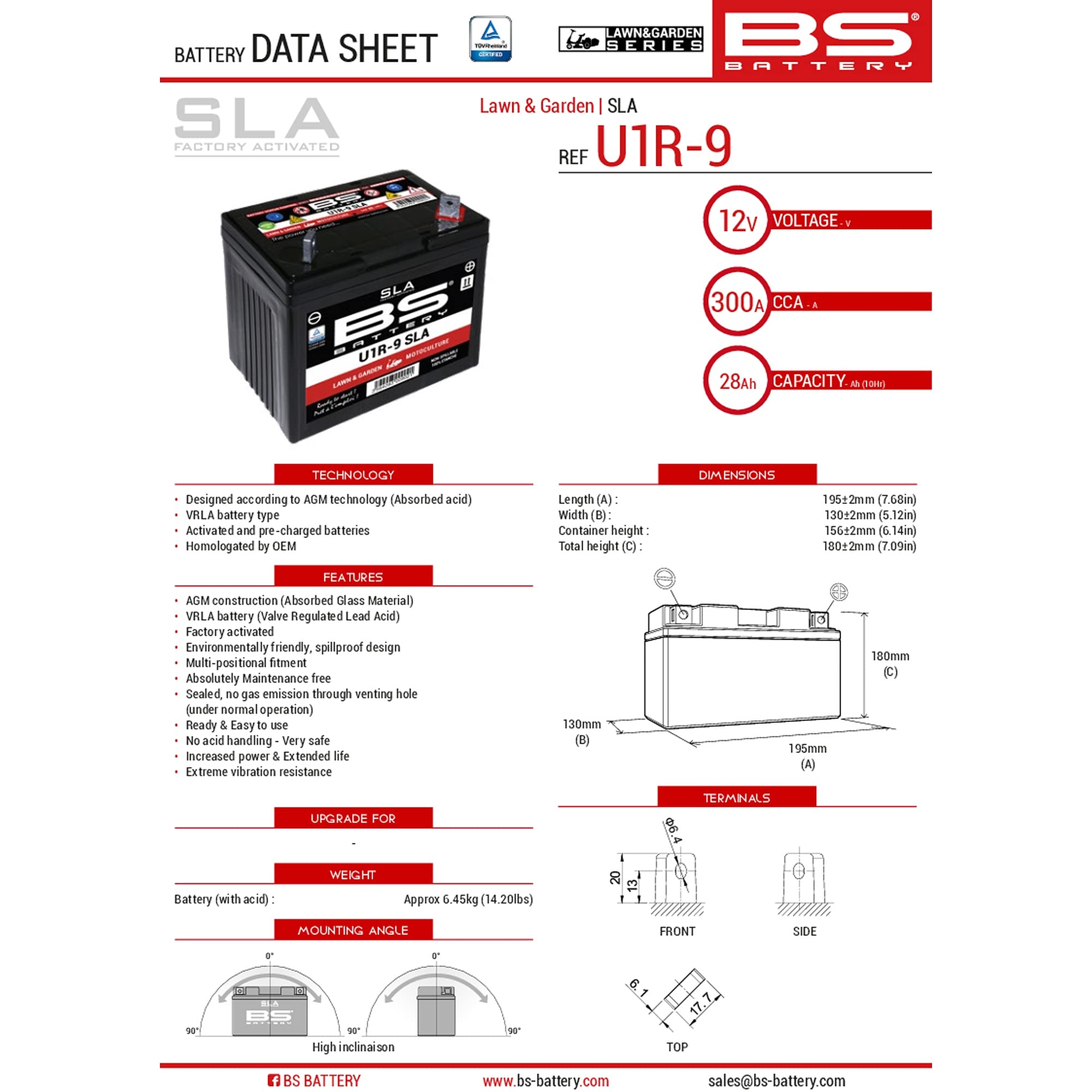 BS Battery Batterie U1R-9 SLA sans Entretien activée Usine