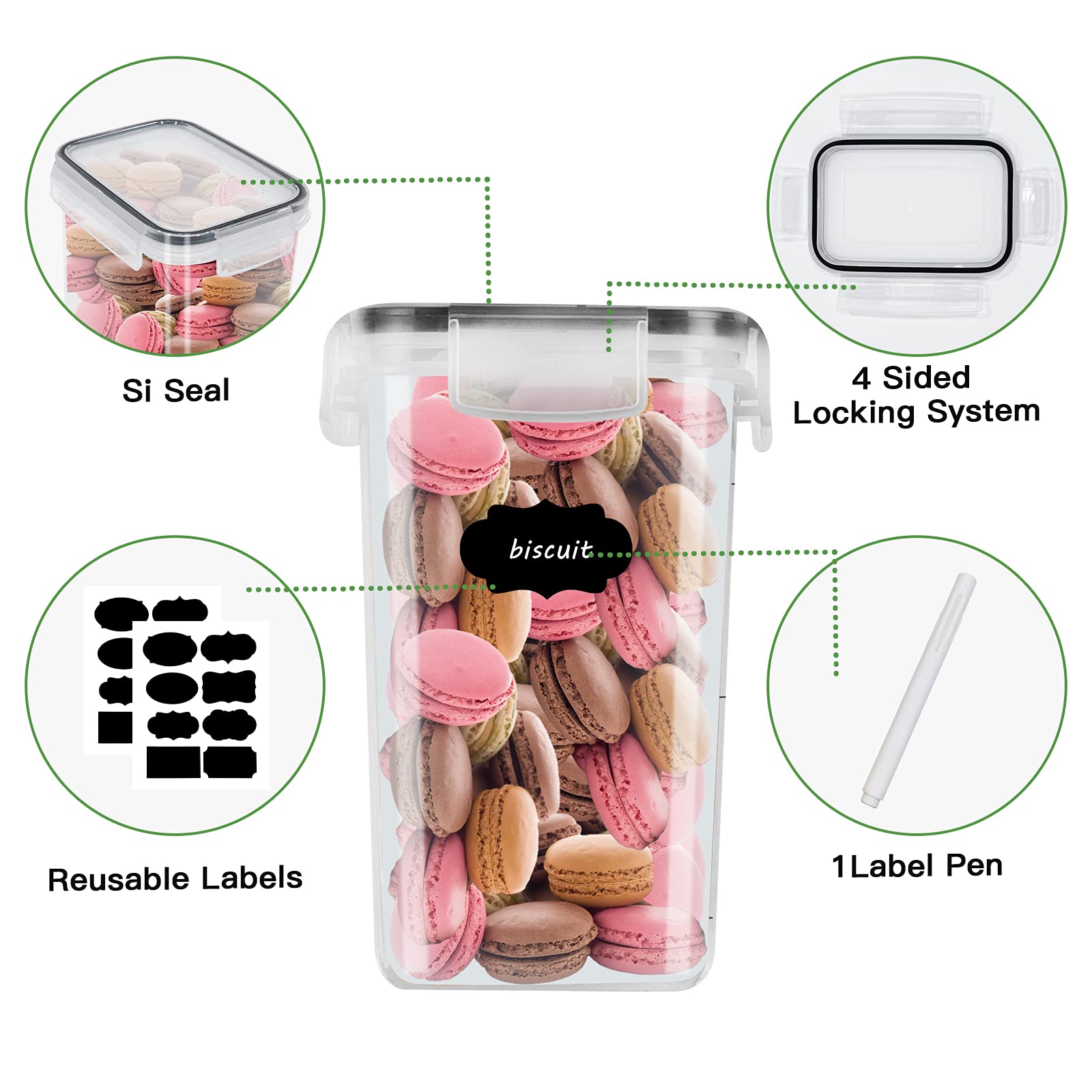 rokrist Caja de almacenamiento de cocina, lote de 8, frascos herméticos de plástico sellados con tapa, para almacenar cereales, pasta, harina, comida para mascotas