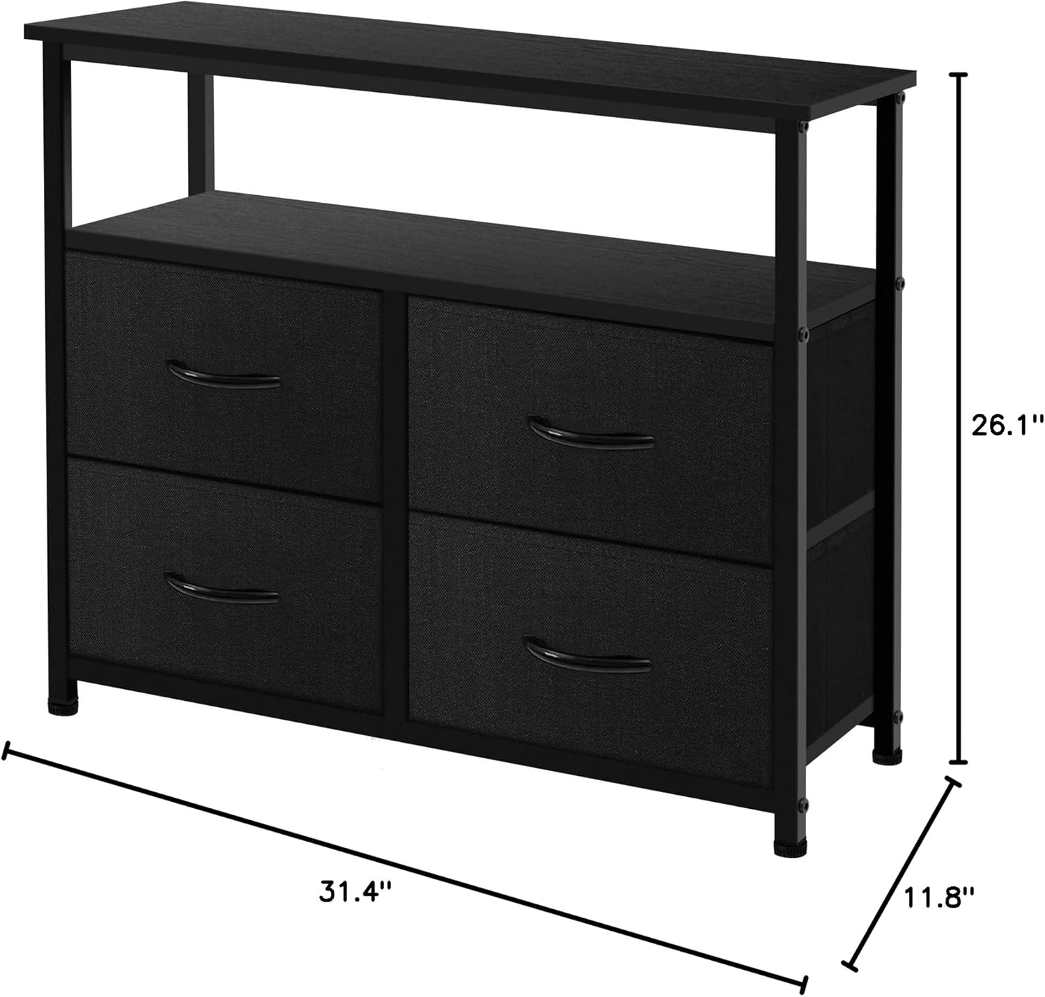 Black Dresser for Bedroom, 4 Drawer Organizer Unit with Open Shelves, Sturdy Steel Frame, Wooden Top Fabric Dressers & Chest of Drawers for Nursery, Living Room, Office, Closet Storage