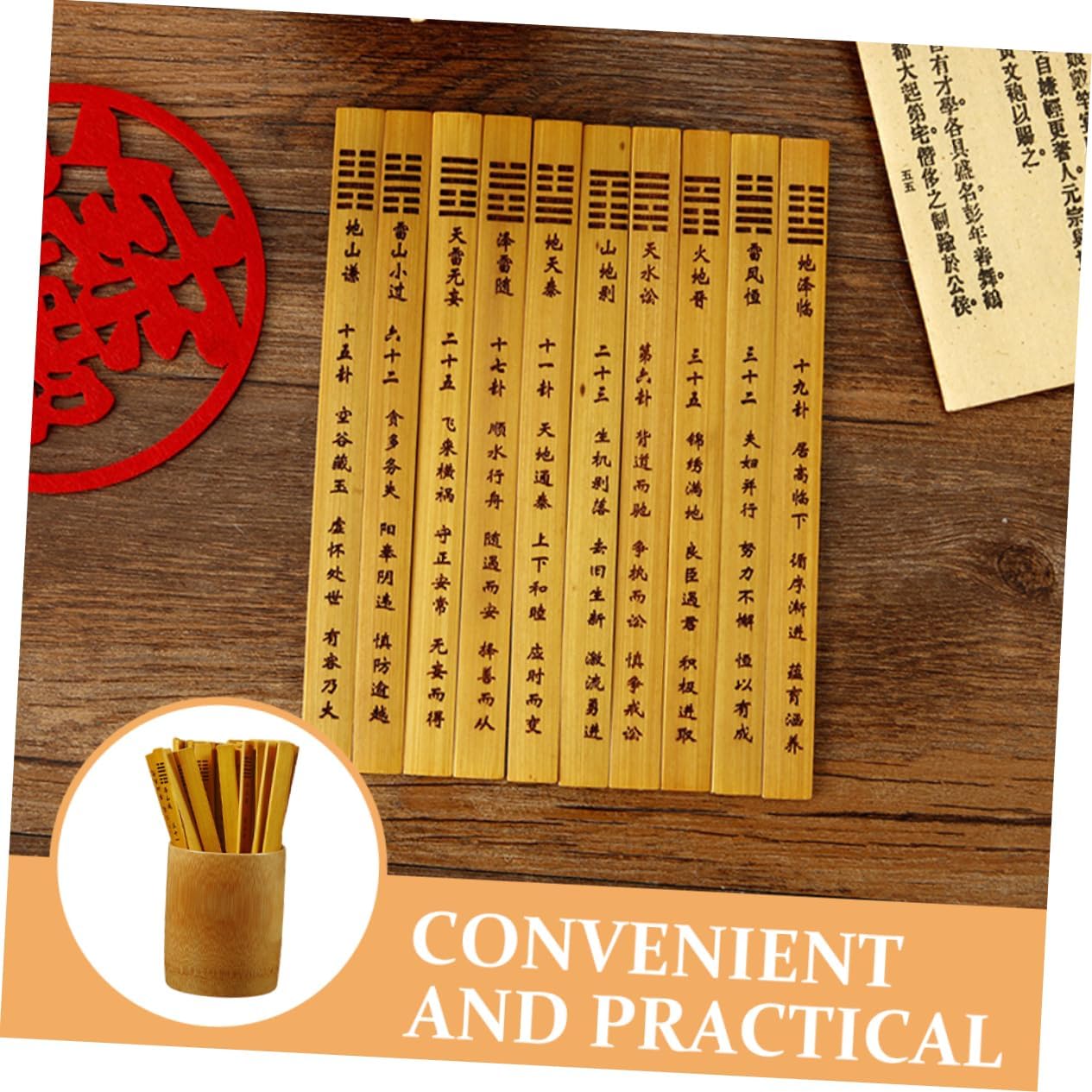 KOMBIUDA Bamboo Divination Sticks Set with Bucket for Chinese Fortune Telling 64 Bamboo Sticks for Spiritual Games Traditional Divination Props for Beginners and Enthusiasts