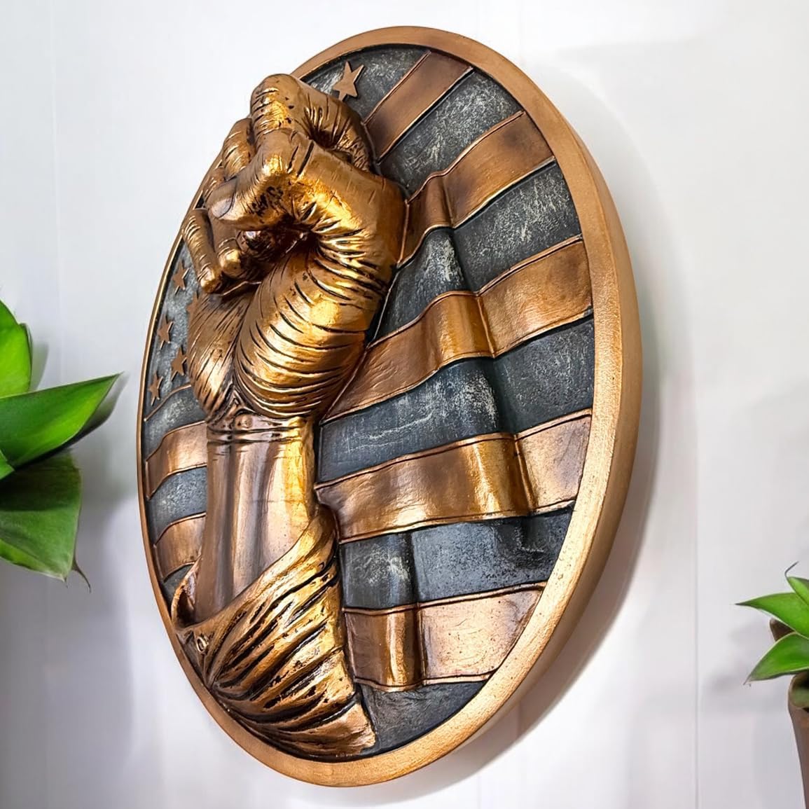 Top Brass Fist Pump/USA Waving Flag Wall Sculpture – Defiant American Hanging Art Plaque – Patriotic Stars and Stripes United States of America Home or Office Décor