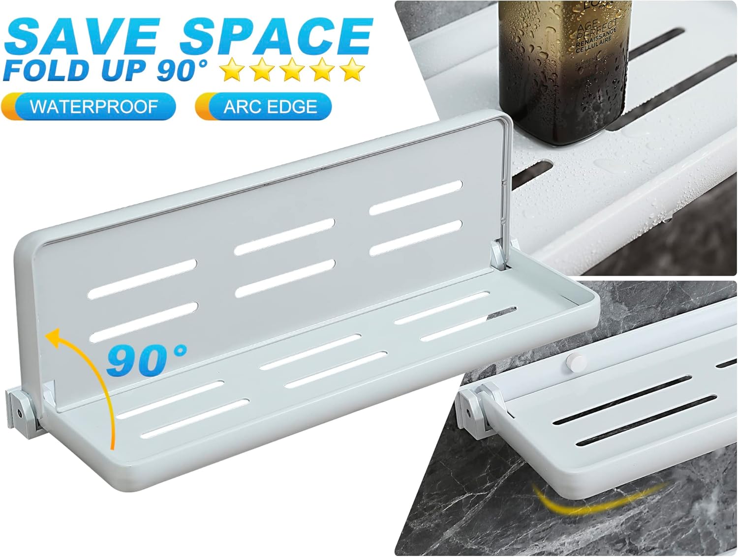 White Folding Wall Shelf | Wall Mounted Bathroom Floating Metal Shelf | 90° Fold Up | Space-Saving Floating Shelf for Laundry Room, Toilet Room, RV, Sink (2-Pack, White)