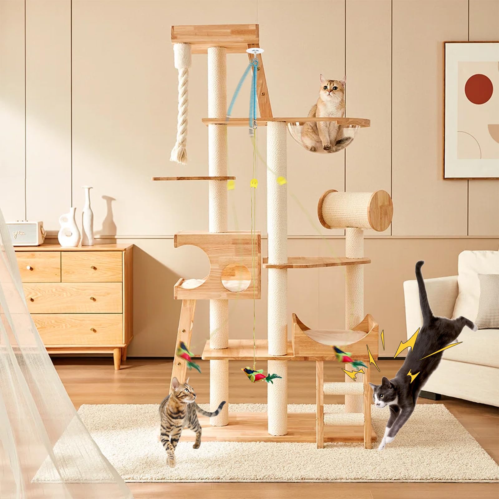 TUGFREE Juego de juguetes para gatos y pájaros chirriantes, juguete interactivo para gatos de interior, juguete de gatito activado por movimiento con sonido realista y pluma, diversión 2 en 1 para