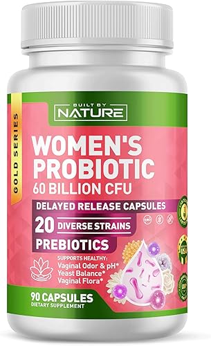 Built by Nature Probiótico para mujeres 60 mil millones de UFC 20 cepas + prebióticos Apoyo vaginal y digestivo Cápsulas de liberación retardada,