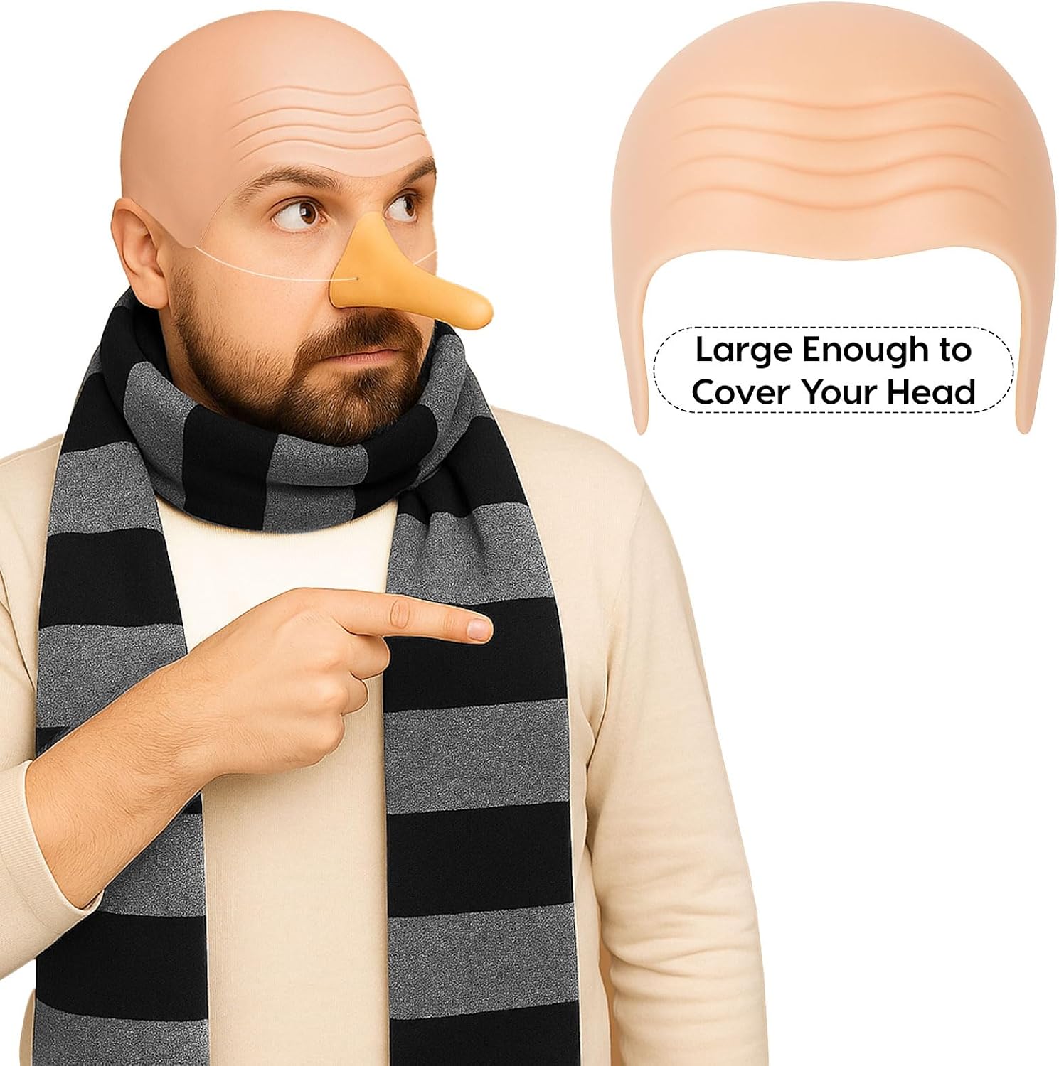 5 Pack Halloween Costume Accessories for Adult, Cosplay Cartoon Characters Costumes, Black Striped Scarf/Fake Nose/Latex Bald Head/Wig Cap Halloween Party Set for Men Women
