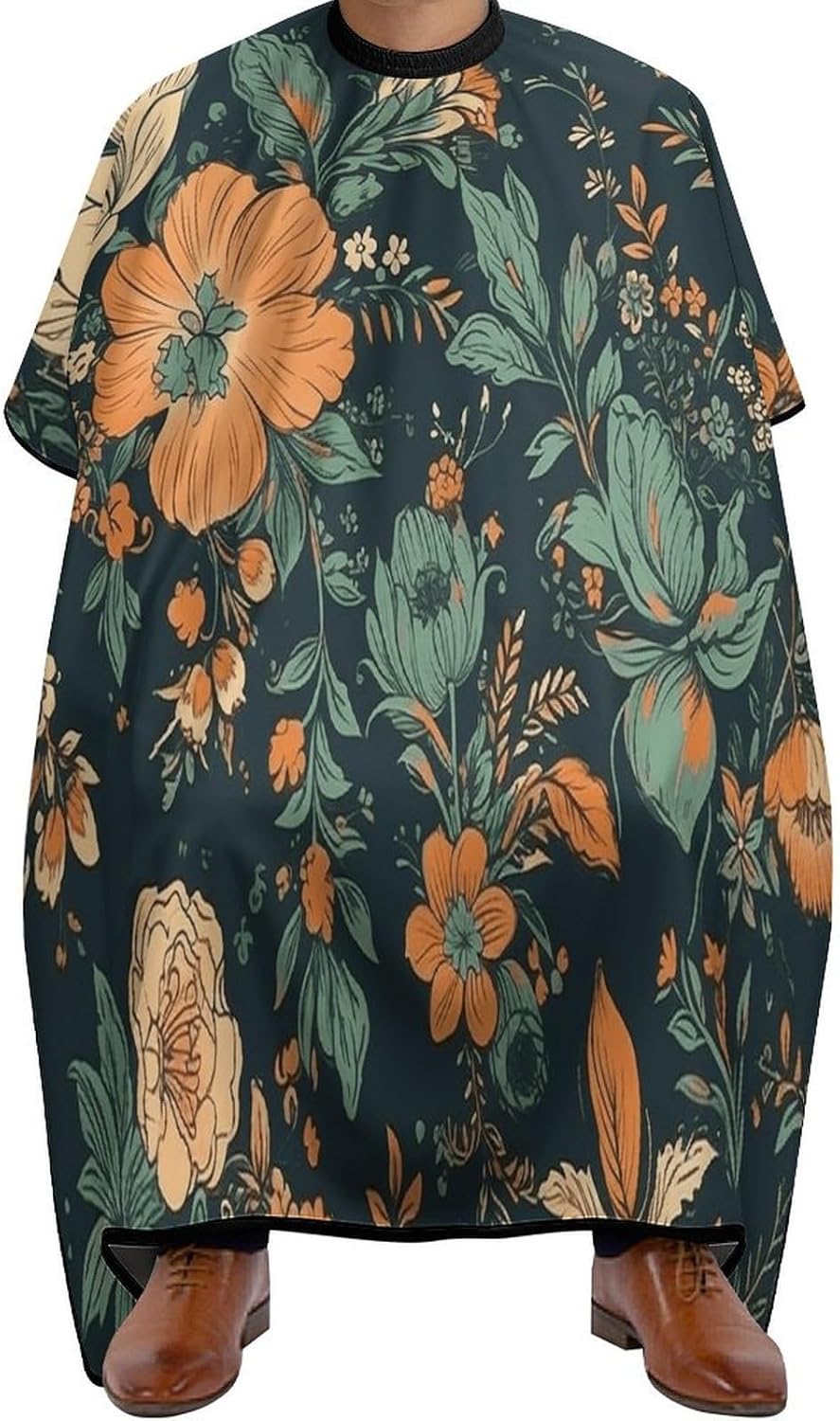 Orange And Green Flowers Apron for Women Men,Barber Cape with Adjustable Snap Closure,Hair Cutting Cape,66.9 X 56.7 Inches for Hair Dye, Comb-out, Styling, Shampoo