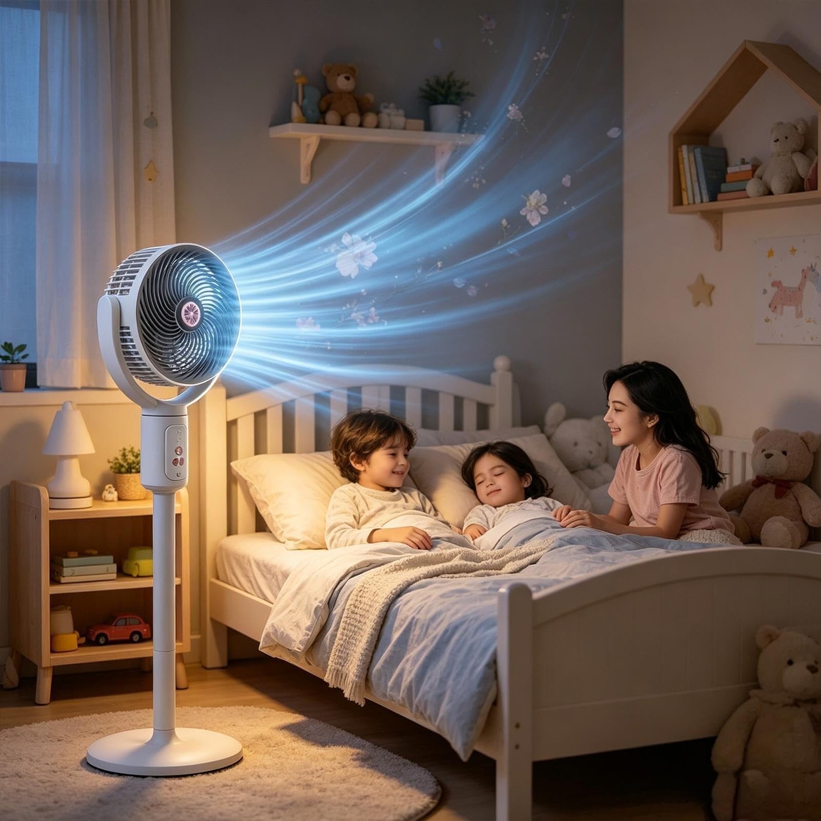 Ventilador de pie recargable con 5 velocidades, temporizador y oscilación automática. Altura ajustable, mando a distancia y puerto USB-C para uso en hogar, oficina o viajes