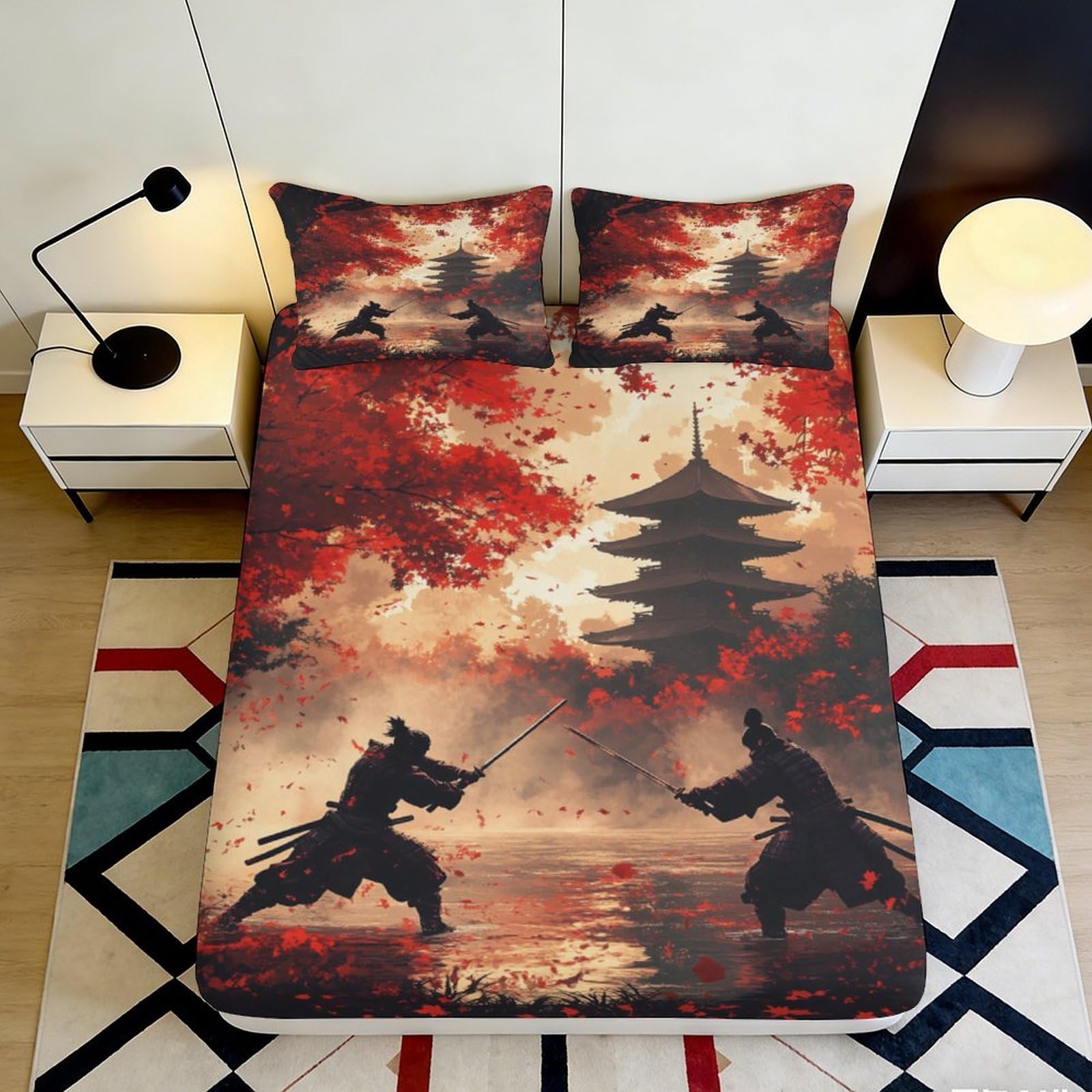 Pnayamiorkfel Style-9 3D Printed Samurai Pagoda Fitted Sheet Microfiber Japanese Red Maple Bed Cover Non Slip Easy Care For Bedroom Decor 90X200x25cm