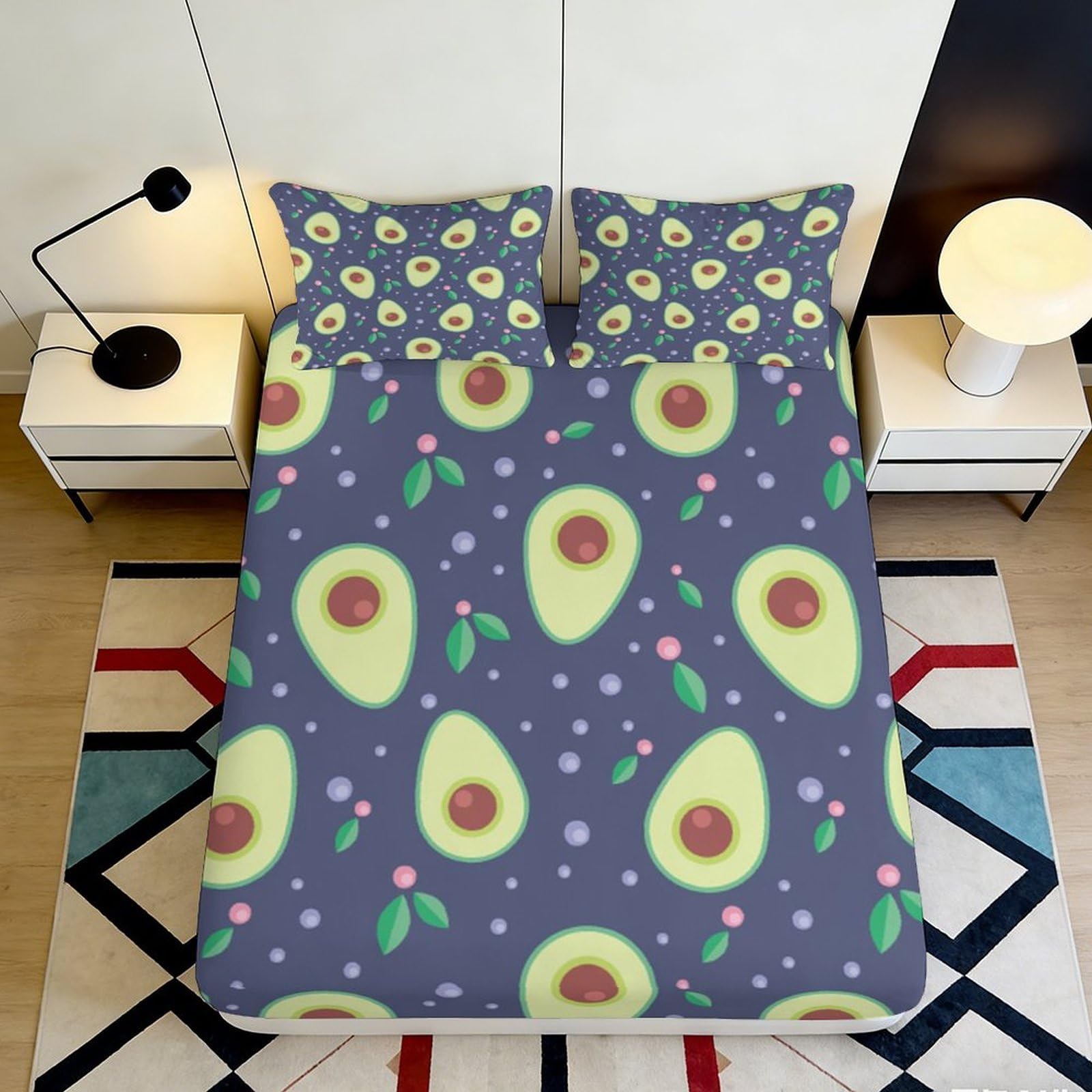 3D Printed Avocado Pattern Fitted Sheet Microfiber Soft Anti-Slip Mattress Cover for Bedroom Dorm Easy Care Decor 90x200x25cm