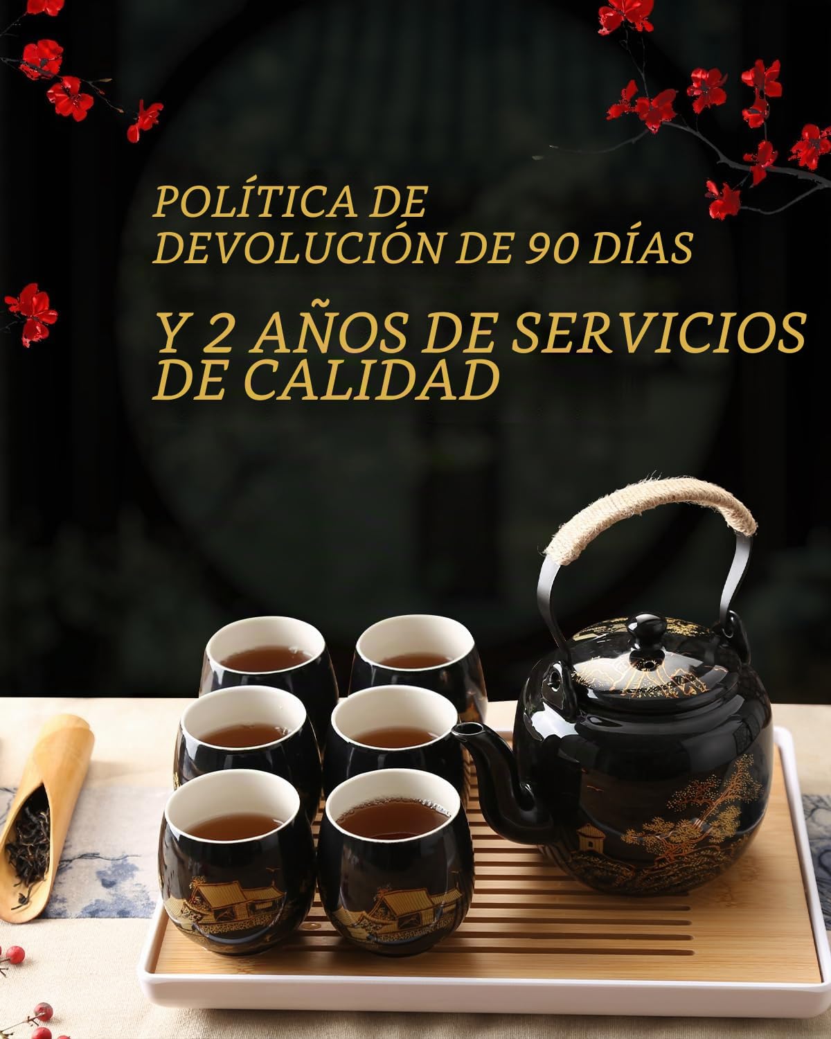 DUJUST Juego de Té Japonés, Juego de Té Chino de Porcelana Negra con 1 Tetera, 6 Tazas de Té, 1 Bandeja, 1 Infusor, Hermoso Juego de Té Asiático para Amantes del Té (Campo en Dorado)