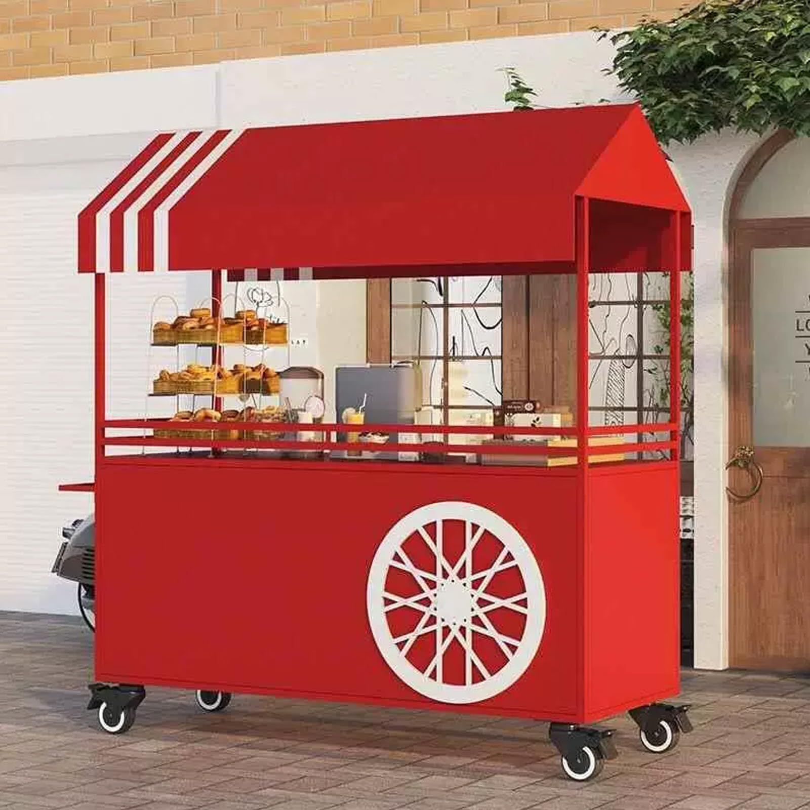 Mobile Food Cart with Canopy, Commercial Vendor Cart with Lockable Wheels, Metal Dessert Display Stand for Farmers Market, Events