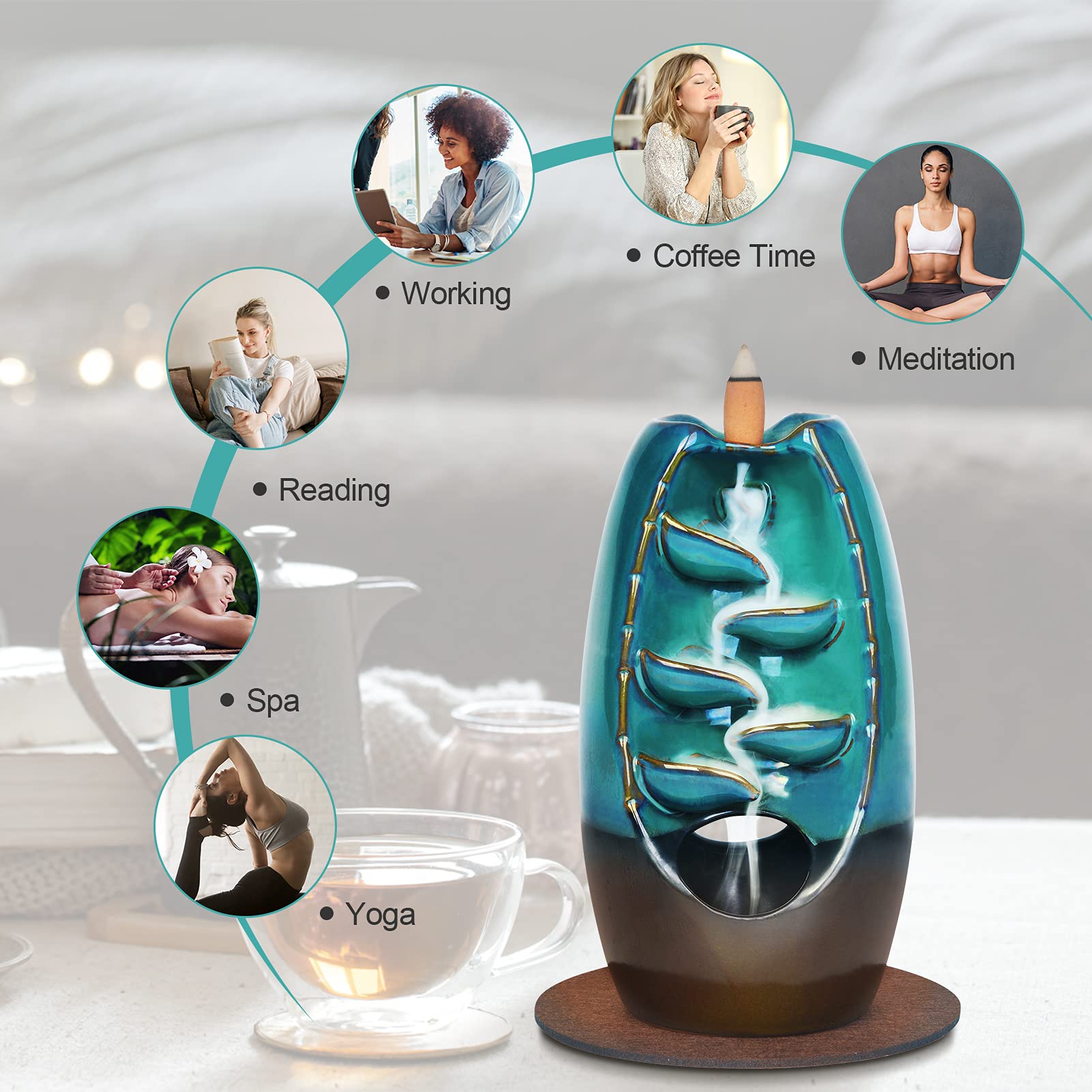 SPACEKEEPER Waterfall Incense Burner Ceramic Backflow Incense Holder 2 Sides, Incense Fountain with 120 Incense Cones & 30 Incense Stick, Aromatherapy Ornament Home Decor, Blue