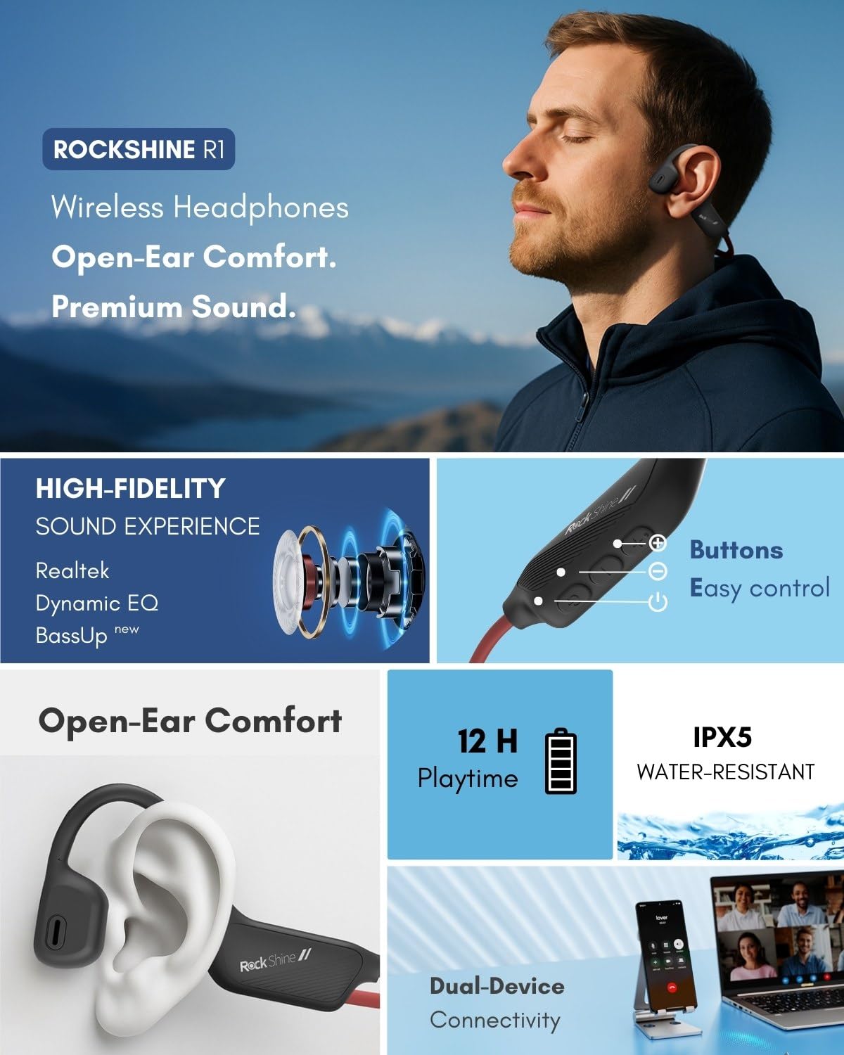 R1 - Cuffie sportive aperte con Bluetooth 5.3, design con gancio per l'orecchio, leggere e confortevoli, impermeabili IPX5, fino a 12 ore di riproduzione, ascolto all'aperto sicuro e