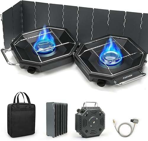 Estufa de campamento de propano de 2 quemadores, estufa de campamento de propano de 20,000 BTU, estufa de gas portátil con parabrisas, bolsa de