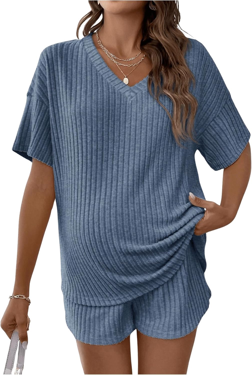 SweatyRocks Women's Maternity 2 Piece Outfits V Neck Short Sleeve Top and Elastic Waist Shorts Set