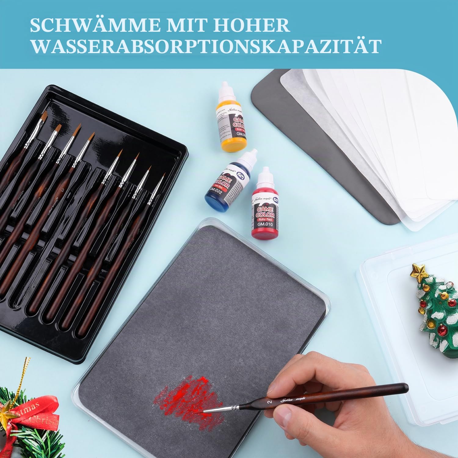 golden maple Nasspalette für Miniaturmalerei – Wet Palette für Acrylmalerei-Set mit 9 Miniatur-Pinseln, 50 Palettenpapieren, 2 Schwämmen, 1 Pinselhalter und 1 Schwamm-Schale