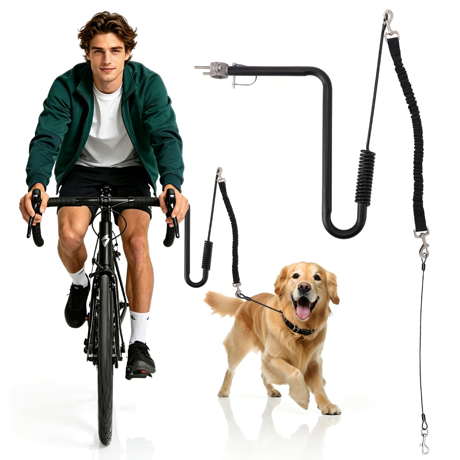 Correa de Perro para Bicicleta con Brazo en U y Amortiguación Doble, Soporte Canino para Ciclismo Montaje Rápido Ajustable Anti-Mordeduras, para Perros Grandes Bicicleta Eléctrica Triciclo, Negro