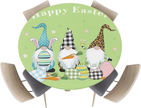 Round Fitted Tablecloths with Elastic Edge Happy Easter Cute Gnomes with Colorful Eggs Oil-Proof Waterproof Wipeable Table Cover for Kitchen Dining Party Decor Green Table Clothes,36" - 44"