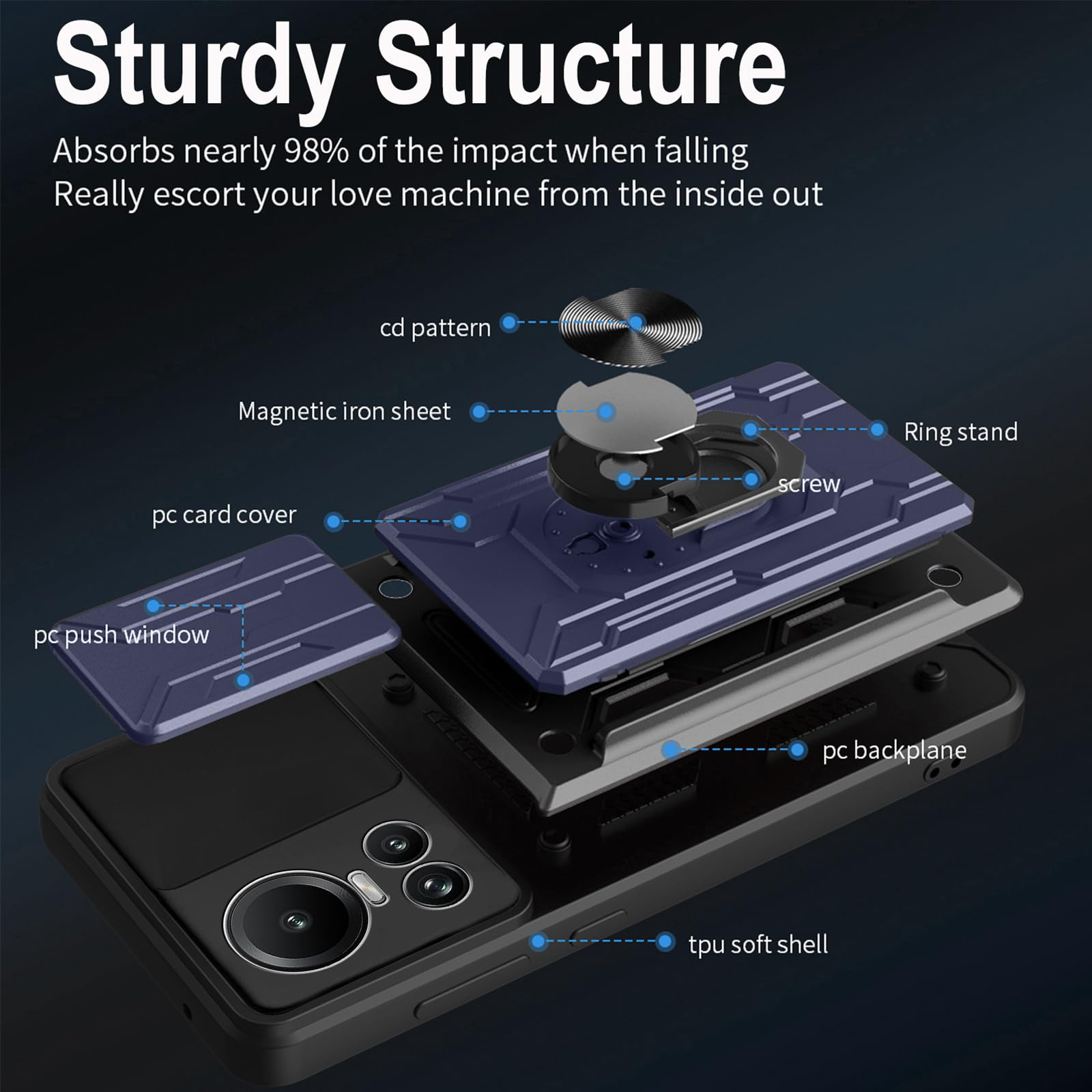 Custodia Corazzata Per OPPO Reno 10 / Reno 10 Pro 5G - Con Protezione Fotocamera Scorrevole E Anello Metallico 360° - Nero - 2