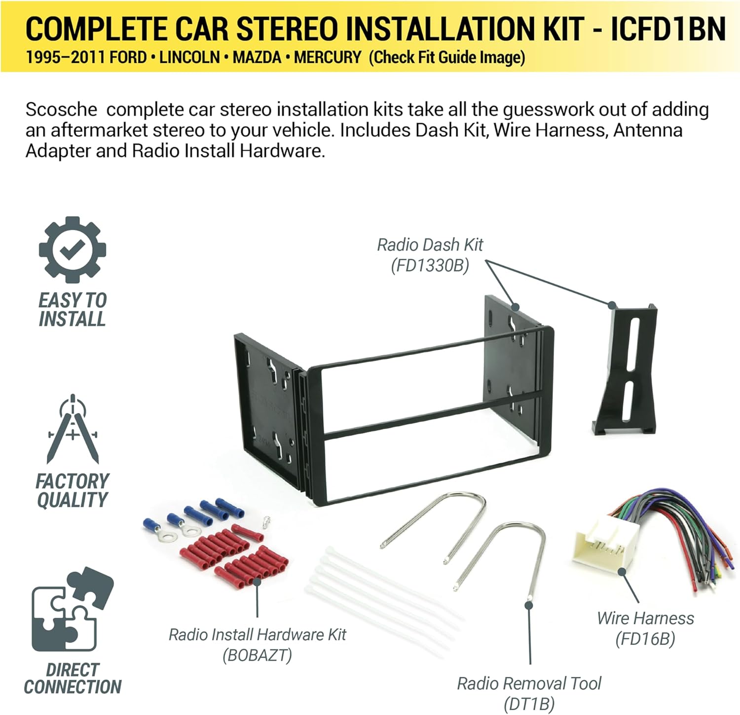 Scosche ICFD1BN Double DIN Radio Install Dash Kit and Harness Compatible with Select 1995-11 Ford, Lincoln, Mazda & Mercury Vehicles - Complete Basic Car Stereo Installation Kit - Does Not Retain SWC