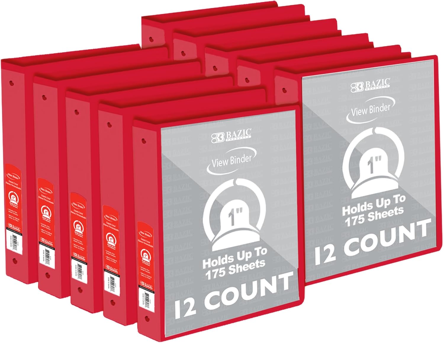 BAZIC Products 3 Ring Binder - Red, Economy View Binder with Clear Overlay Cover and Round Rings, Organizer for School Office Home Use, 1-inch Capacity Holds 175 Sheets Paper, 12-Pack