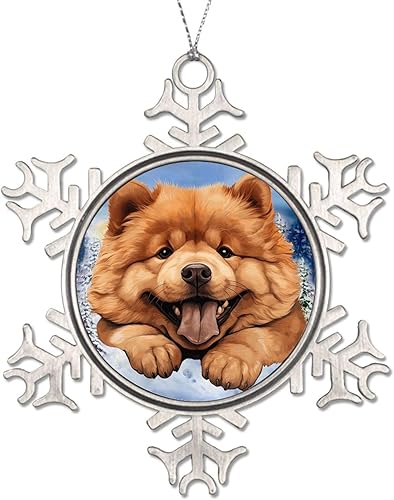 Miniatura 3 de CowkissSign Adorno de copo de nieve de metal  Chow lindo y divertido perro que mira a cachorro, copo de nieve de Navidad, árbol de Navidad de metal,