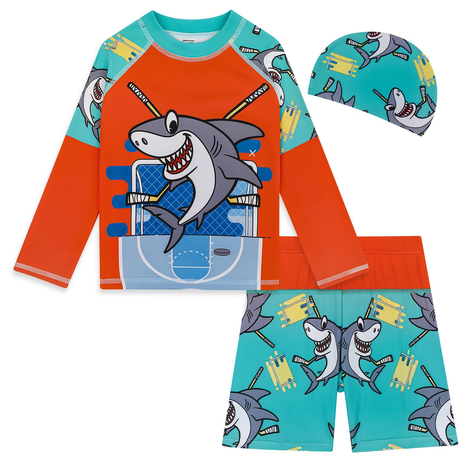 MASOCIO Bañador UV para niños UPF50+ protección solar, 3 piezas, camiseta de baño de manga larga, gorro de baño, set de baño para niños de secado rápido, talla 86-128