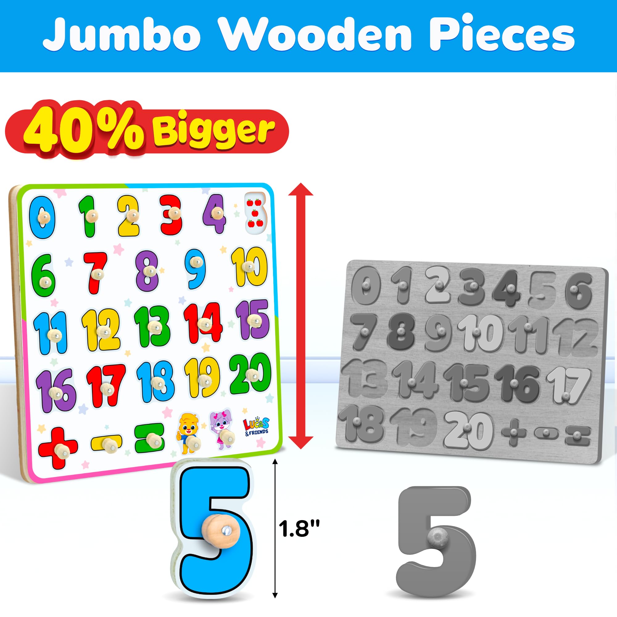 Number Puzzle for Toddlers Jumbo - Educational Wooden Montessori Toys, Fun Preschool Learning Activities for Boys and Girls, Learn to Count Puzzle Board for Ages 3 4 5 by Lucas & Friends