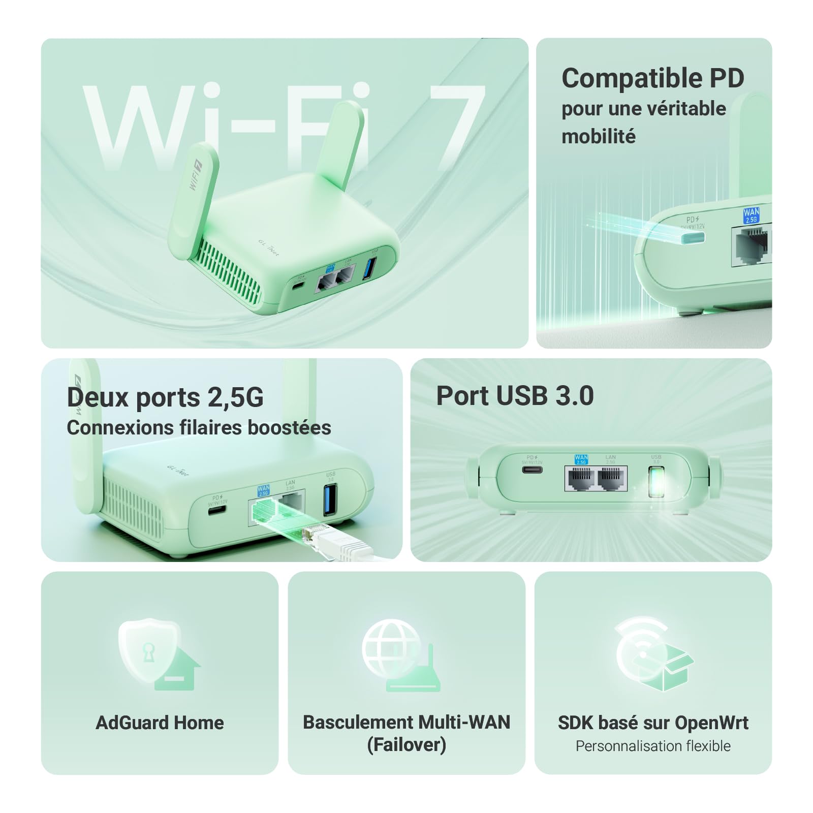 GL.iNet GL-MT3600BE Beryl 7 Routeur de Voyage Wi-Fi 7 Mini Routeur Portable Double Port 2.5G Gateway VPN Sécurisé WPA3 IPv6