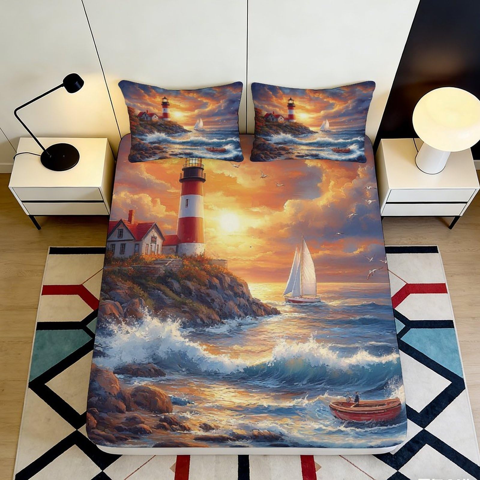 3D Printed Lighthouse Sunset Fitted Sheet Microfiber Mattress Cover Anti-Slip Machine Washable Ocean Wave Decor for Bedroom 90x200x25cm