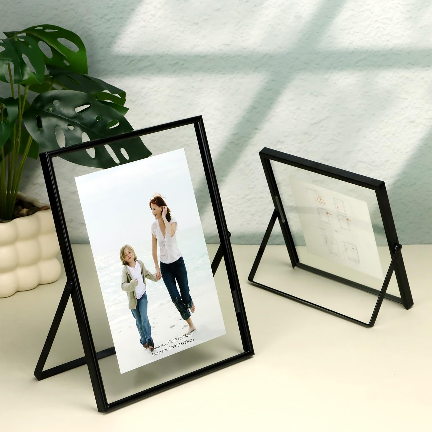 QWORK Black Metal Floating Picture Frames Set of 3 (5x7, 4x6, 4x4) – Double Glass Photo Frames for Tabletop Display, Minimalist Geometric Design Frames for Home Decor, Wedding